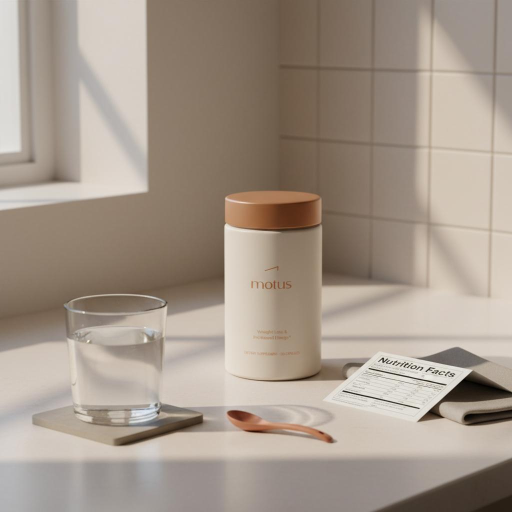 Minimalist kitchen counter with the Tonum supplement bottle beside a glass of water and folded nutrition facts card, minimalist scene exploring does taurine cause diarrhea