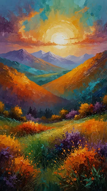 Vibrant Sunset Over Colorful Mountain Valley