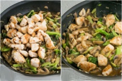 Khuấy lại bát nước sốt trong vài giây, rồi đổ nước sốt vào chảo bông cải xanh, đảo đều. Đun khoảng 2 phút hoặc đến khi nước sốt sánh lại thì thêm thịt gà vào chảo, đảo khoảng 30 giây cho đến khi nước sốt bám đều miếng thịt. Nêm nếm lại gia vị cho vừa ăn.