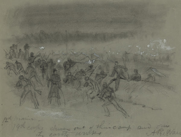 12th Maine19th corps driven out of their camp and over the earth works 1864