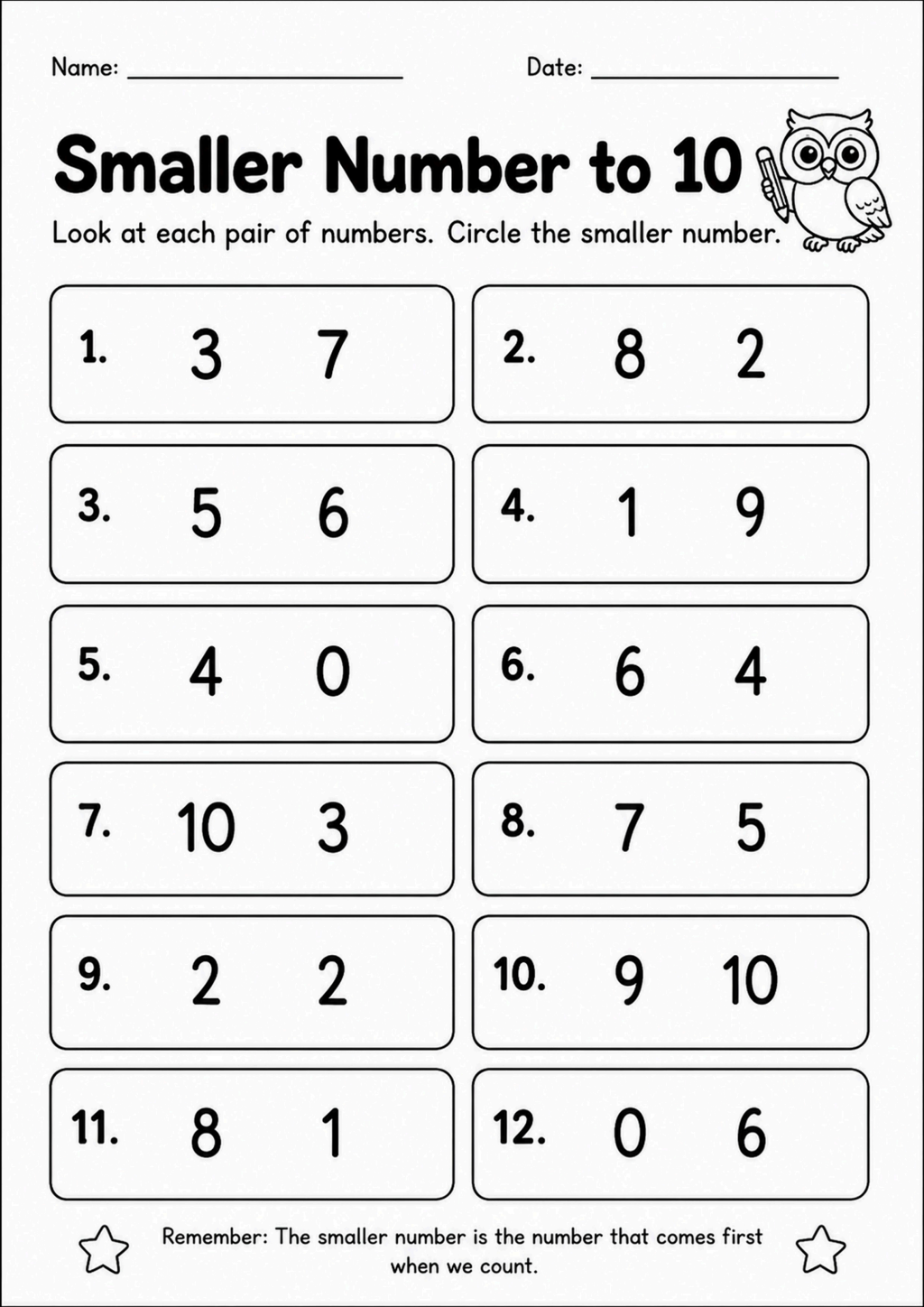Smaller Number to 10 Worksheet