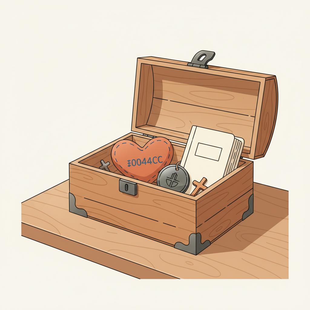 Detailaufnahme einer minimalistischen Erinnerungsbox mit Taufgeschenken (Stoffherz, Kinderbibel, gravierter Anhänger) auf hellem Hintergrund für Taufpate
