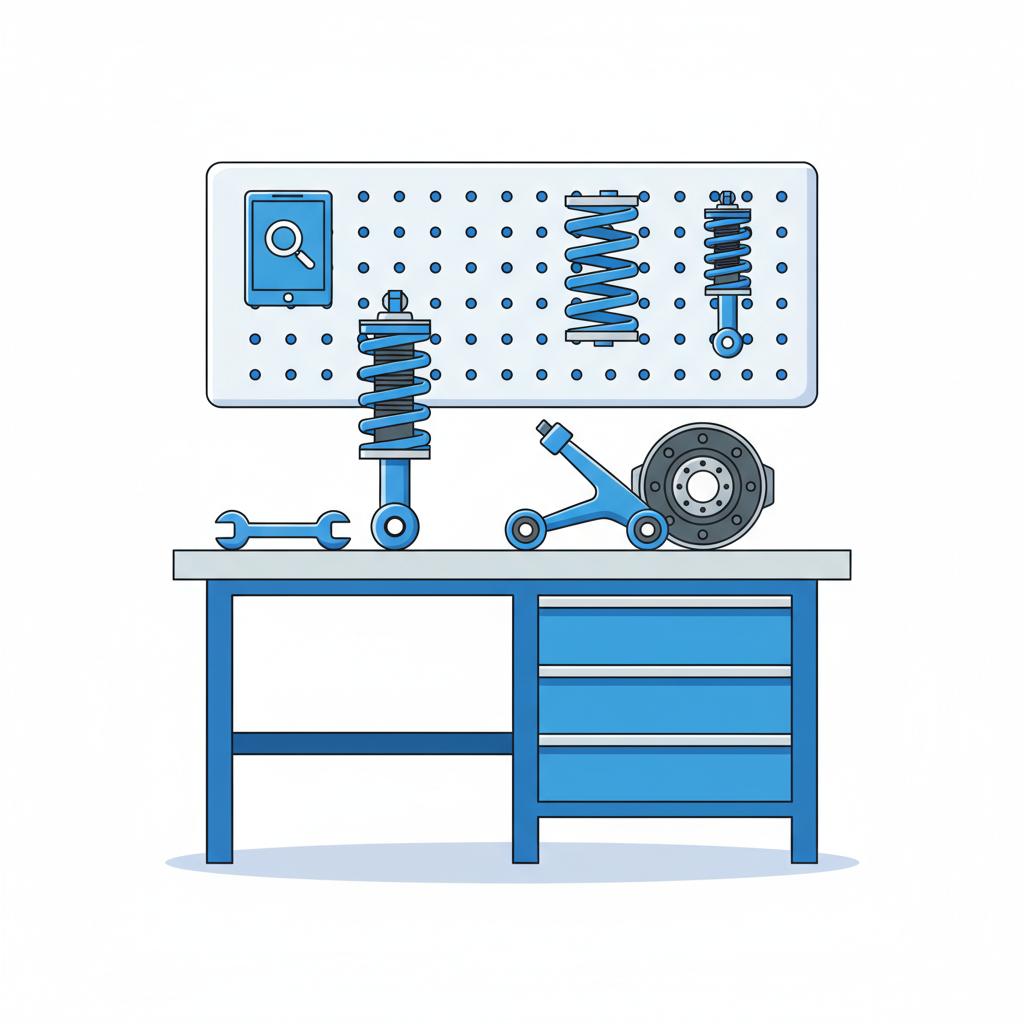 Minimalist vector illustration of suspension components and tools representing maintenance and inspection for hummer h2 for sale white background blue accents