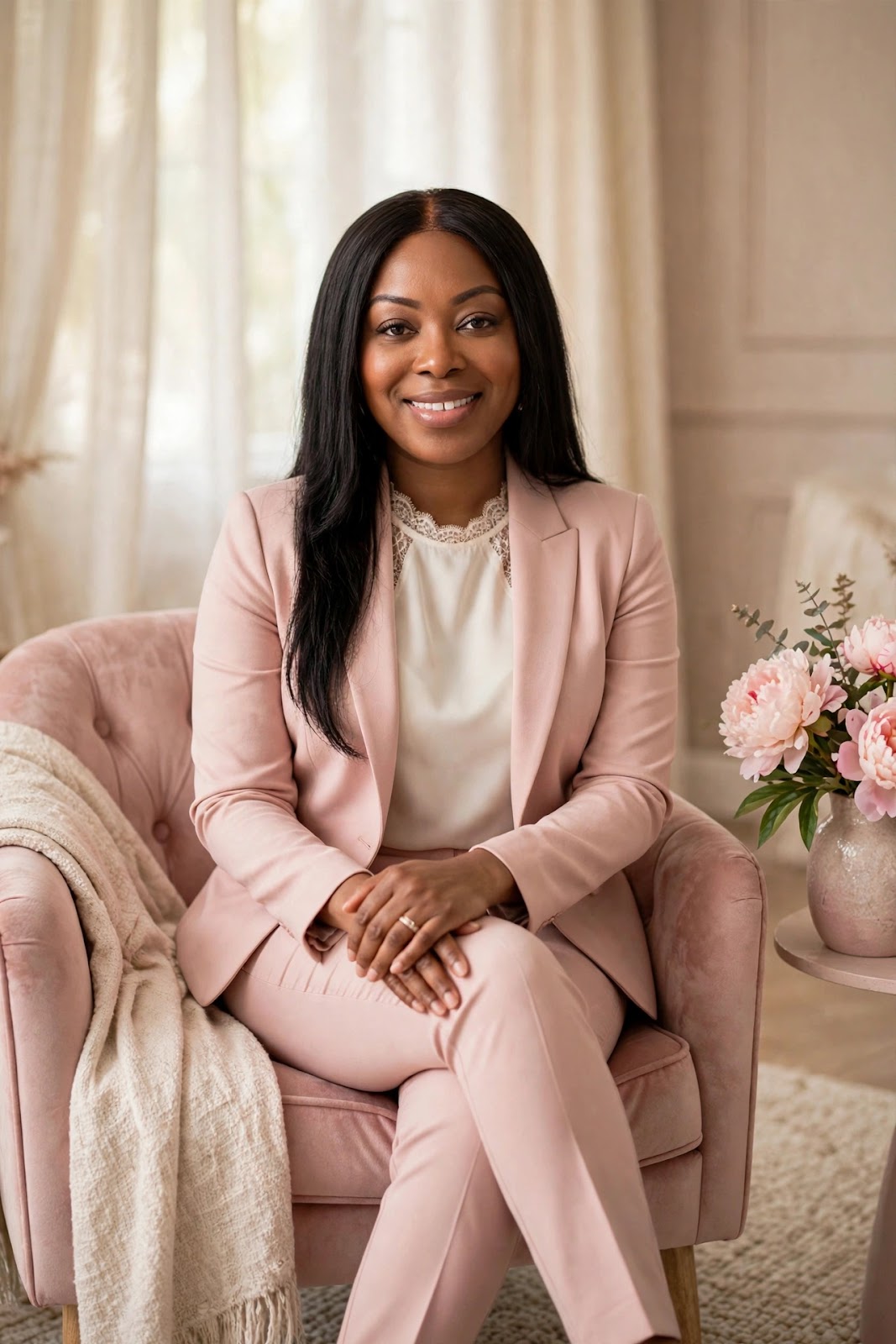 Chioma Okechukwu seated in a blush chair, smiling warmly