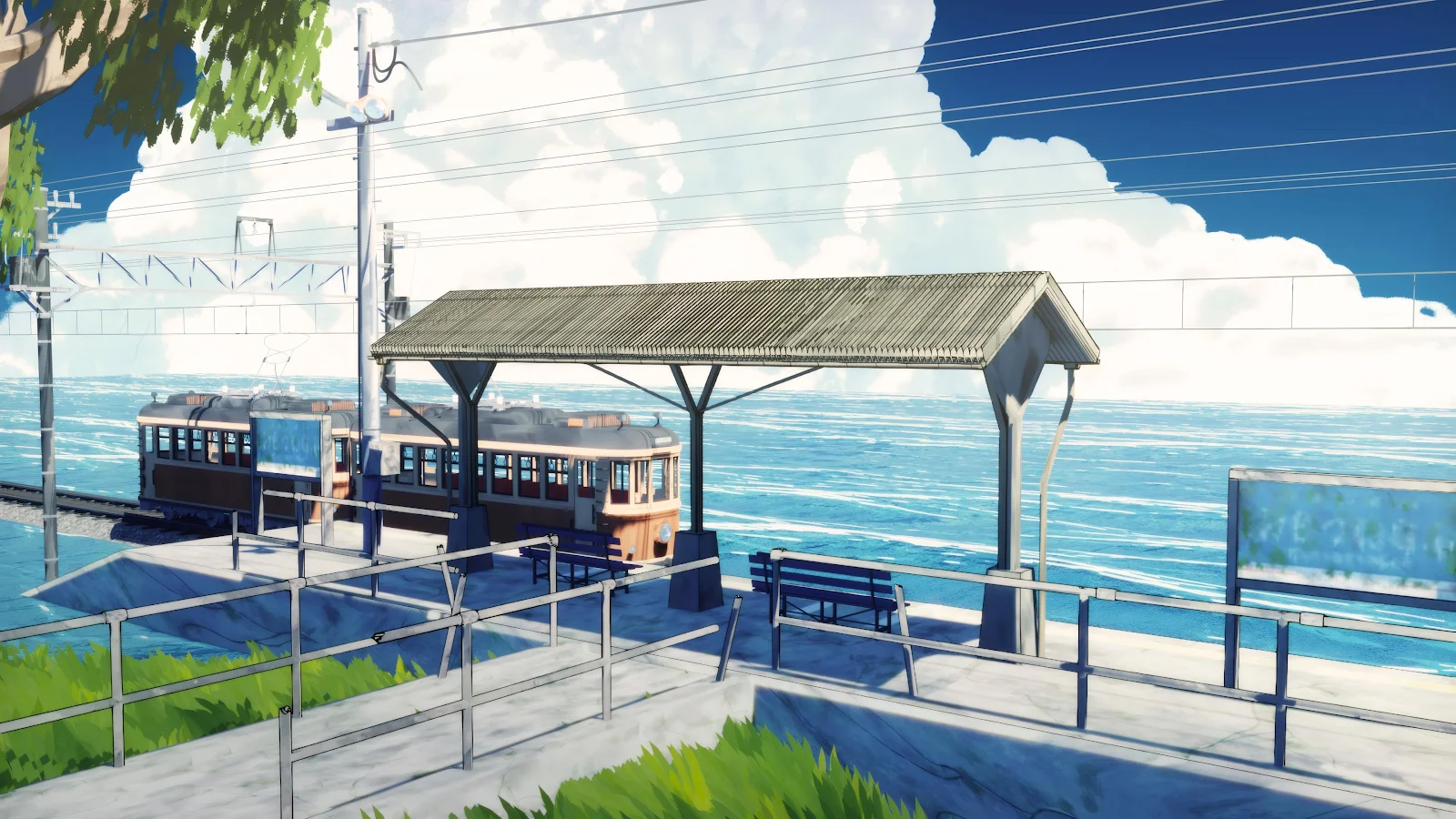 Seaside Railway Station - Digital Anime Art 4K Wallpaper (3840x2160)
