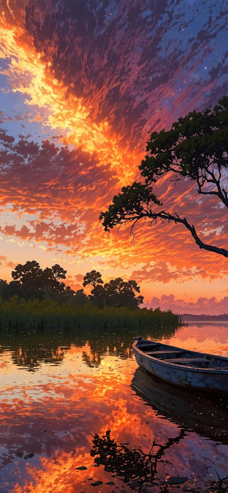 Sunset Lake With Rowboat - Digital Illustration Full HD iPhone Wallpaper (1181x2558)