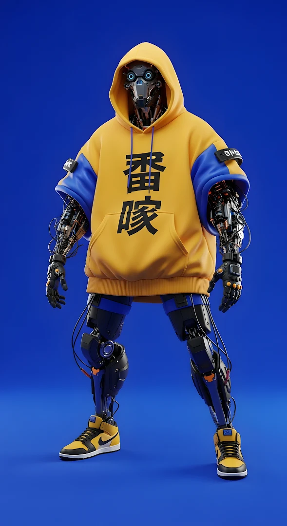 Streetwear Cyborg in Yellow Hoodie and Sneakers