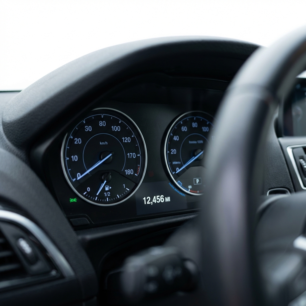 Close up of BMW M2 instrument cluster and odometer showing clear mileage for bmw m2 for sale, clean white background and blue accents