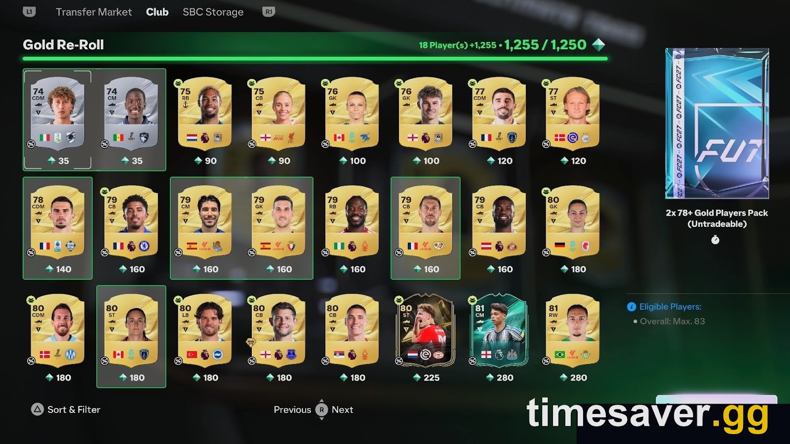 FC 27 Gold Re-Roll upgrade SBC with 18 submitted players (74–81 OVR) and their Item Score values — from 35 pts for a 74-rated card to 280 pts for an 81-rated card — with the "2x 78+ Gold Players Pack (Untradeable)" reward visible at right, total score 1,255/1,250.