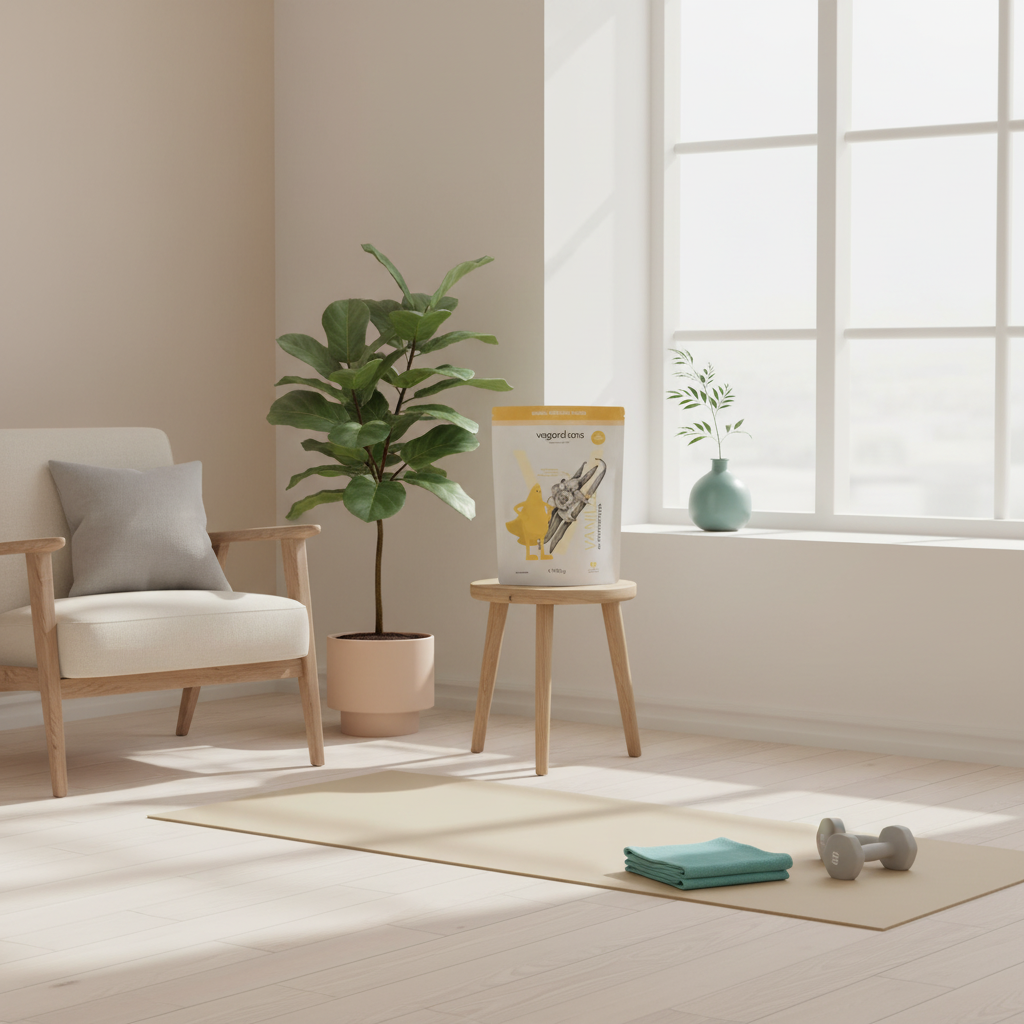 Minimalistische Heimtrainingsszene mit Yogamatte, leichten Hanteln und Vegardians-Produkt auf Holzschemel vor großem Fenster – Fokus auf Eiweißshakes, cleaner skandinavischer Stil