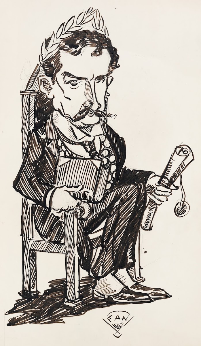 A man seated wearing a laurel wreath holding a scroll in one hand and a book in