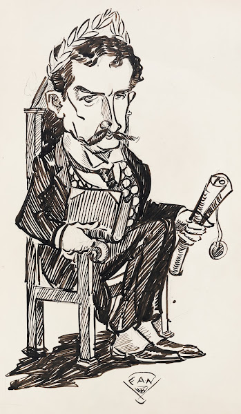 A man seated wearing a laurel wreath holding a scroll in one hand and a book in