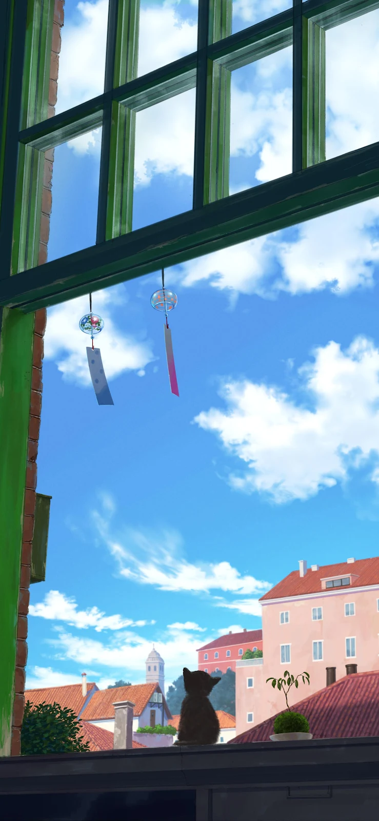 Black Cat At The Window - Anime Digital Art 2K iPhone Wallpaper (1882x4077)