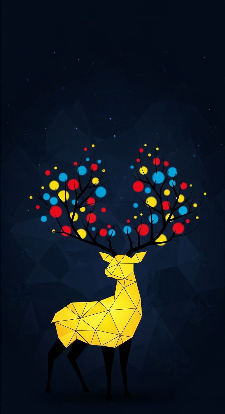 Minimalist Geometric Reindeer Silhouette with Antlers as Multicolored Christmas Lights - Free 4K mobile Wallpaper