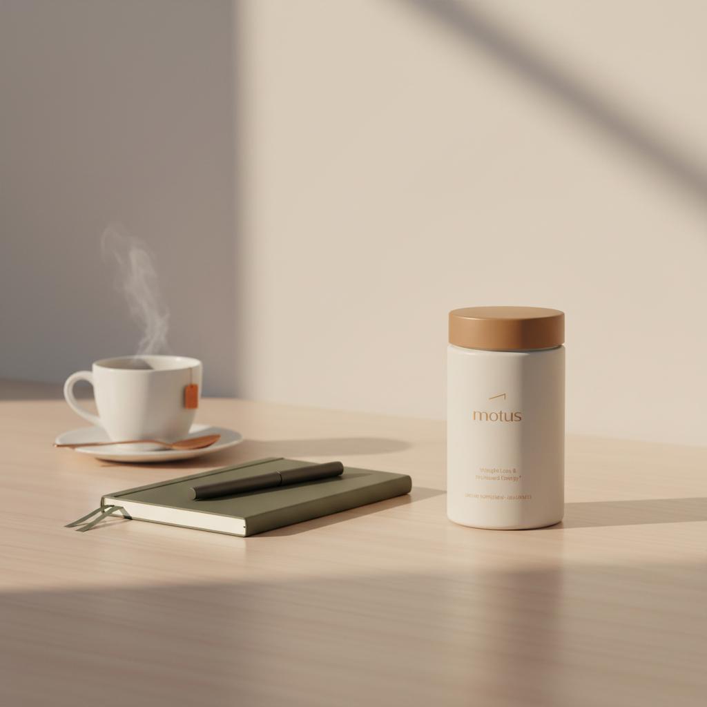 Nouro container on a minimalist desk beside a notebook and cup of tea — what is the number 1 nootropic? Clean Tonum product photo on #F2E5D5 background.