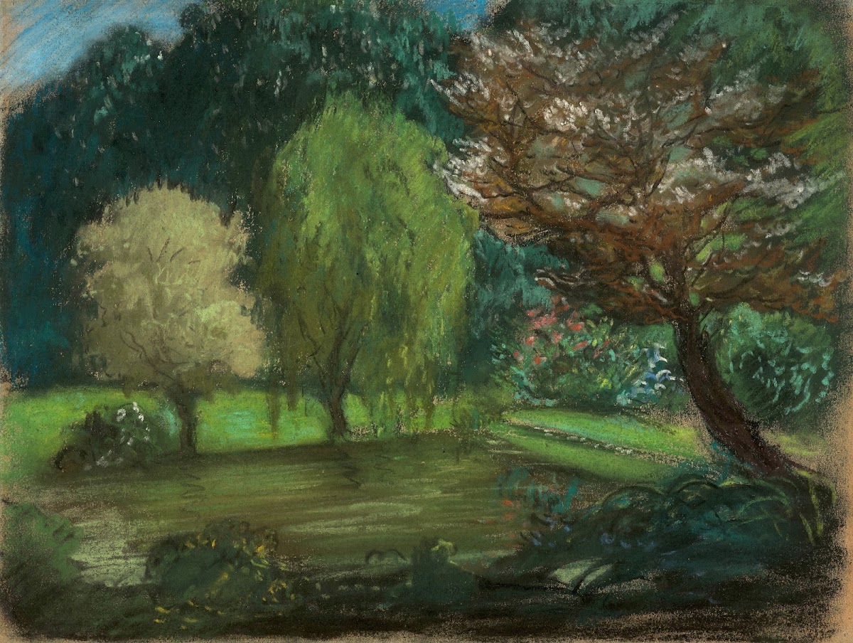 Trees near water in a park 1850