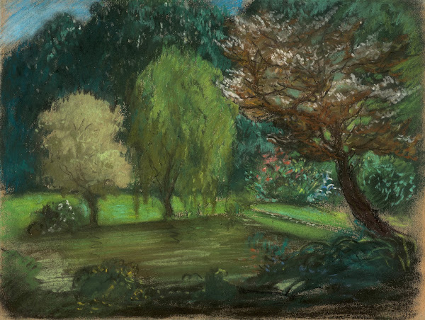 Trees near water in a park 1850