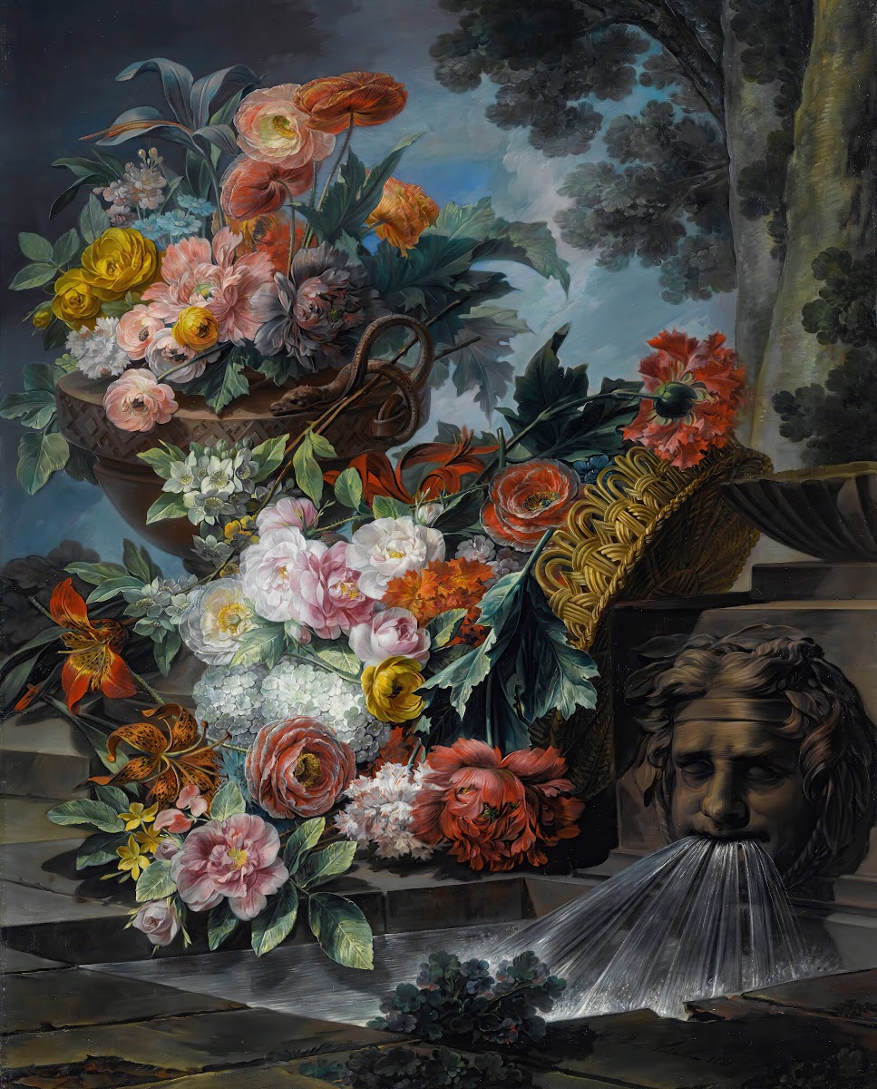 An Outdoor SceneWithA Pool Of Water A Basket And An Urn Filled With Carnations R