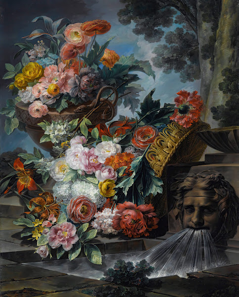 An Outdoor SceneWithA Pool Of Water A Basket And An Urn Filled With Carnations R