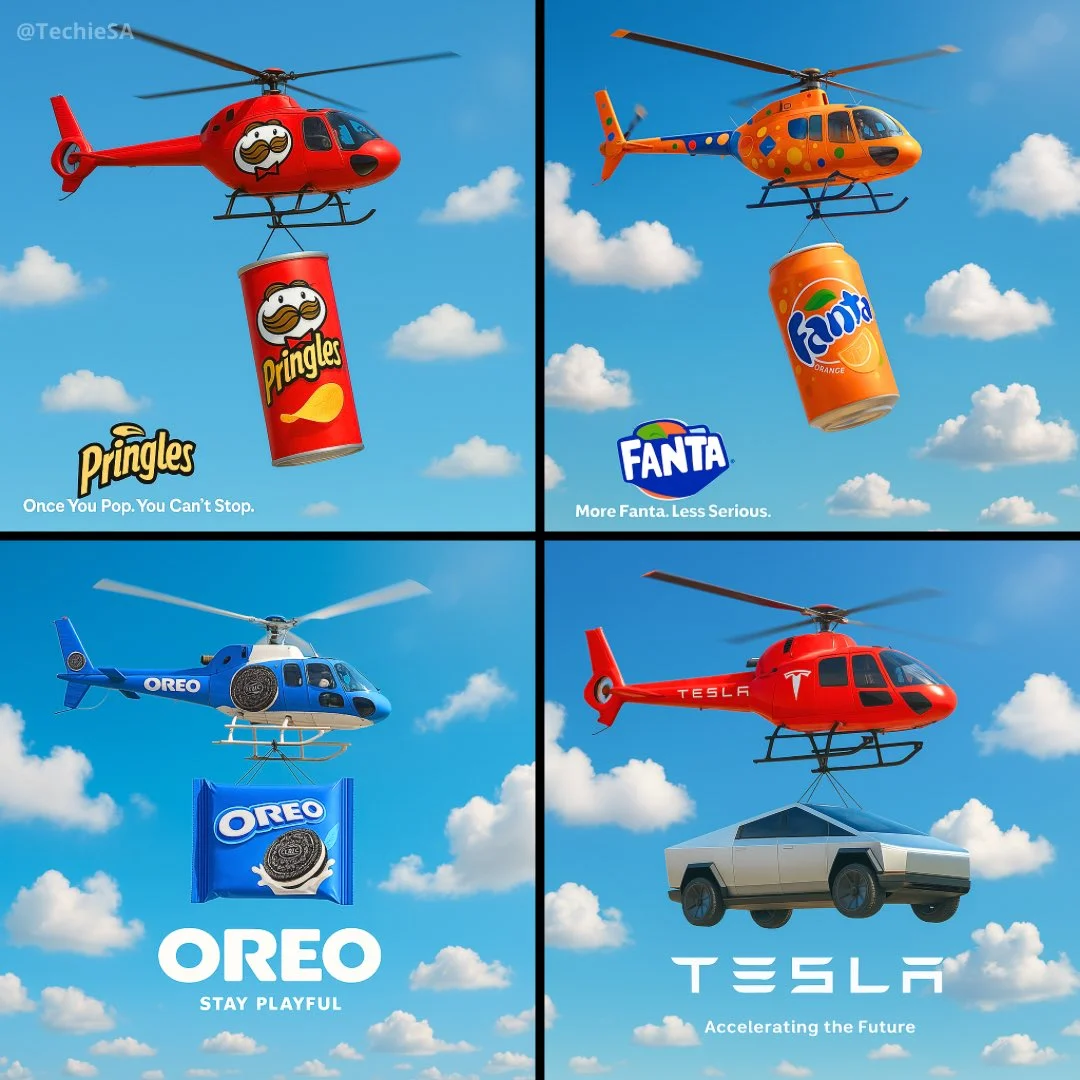 Imagen cuadrada hiperrealista a escala 1:1 con un helicóptero volando a través del cielo azul.