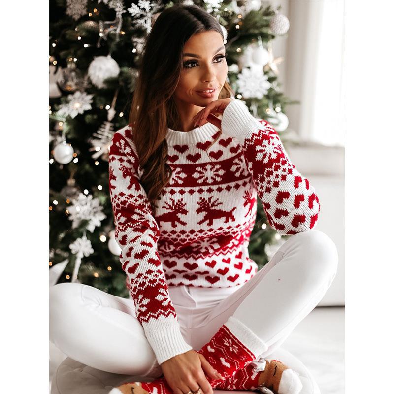 Women's Christmas Sweater, Reindeer Motif, Round Neck