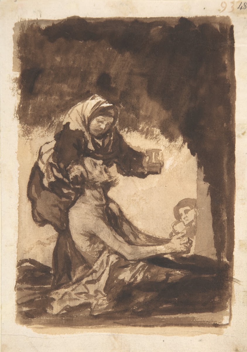 A woman giving a mug to an old man ca 181220