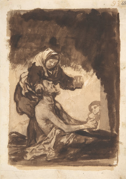 A woman giving a mug to an old man ca 181220