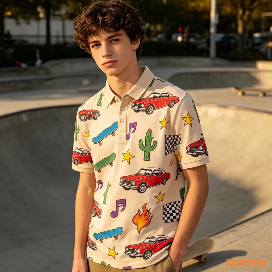 AOP Children's Alloy Buttons Double Layer Collar Short Sleeve Polo