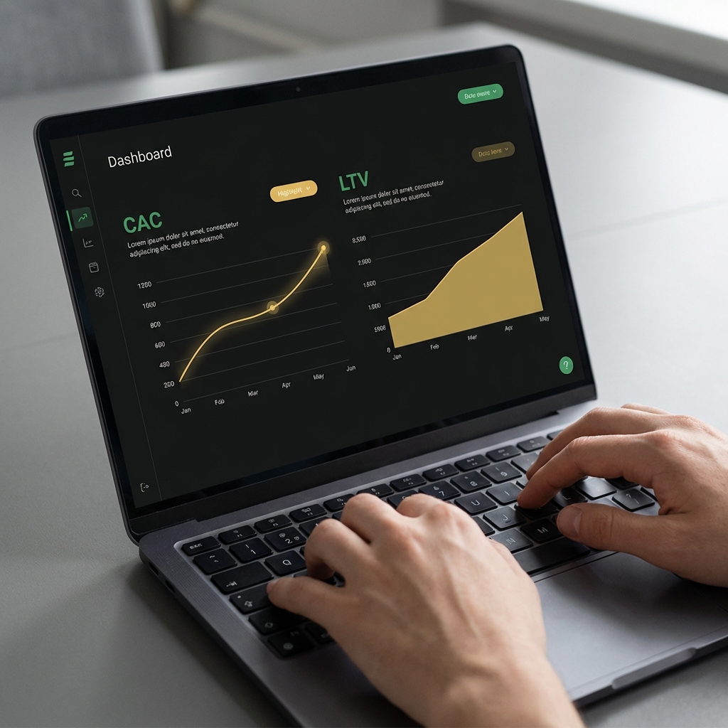 Close up of hands typing on a laptop showing a simple CAC and LTV dashboard with Finance Police green and gold accents what does bill gates say about crypto