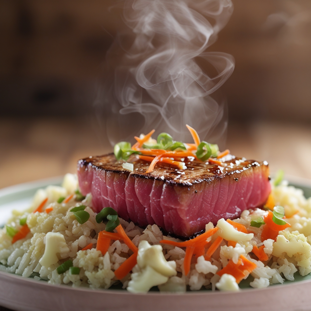 Final Miso-Glazed Seared Tuna Bowl with Cauliflower Fried Rice & Pickled Ginger