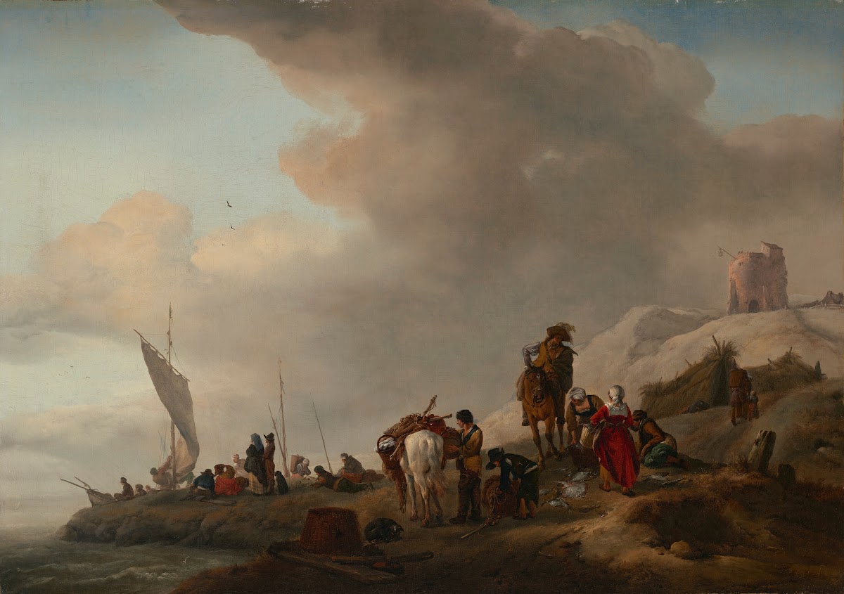 Fisherfolk unloading their catch on the seashore