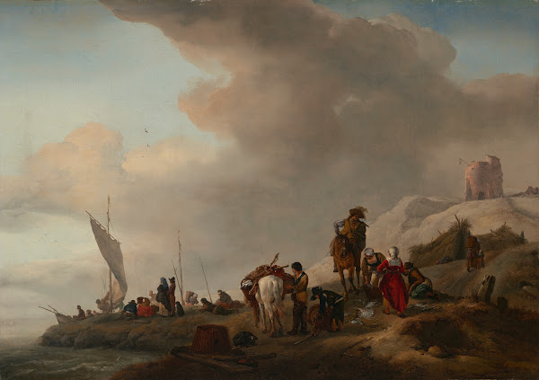 Fisherfolk unloading their catch on the seashore