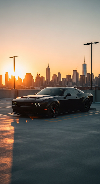 Black Muscle Car Sunset City - Free mobile Wallpaper