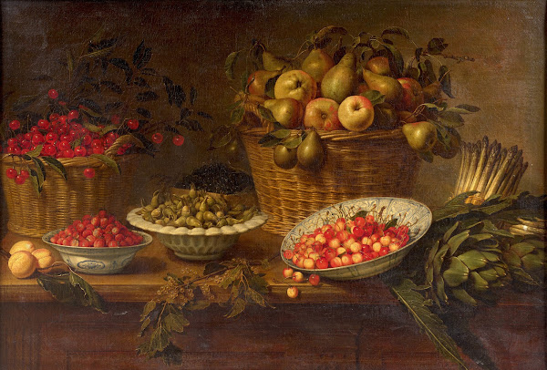 Basket of cherries bowls of wild strawberries and hazelnuts baskets of blueberri