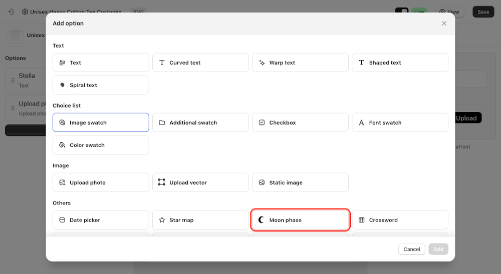 Add option menu with Moon phase selected under Others