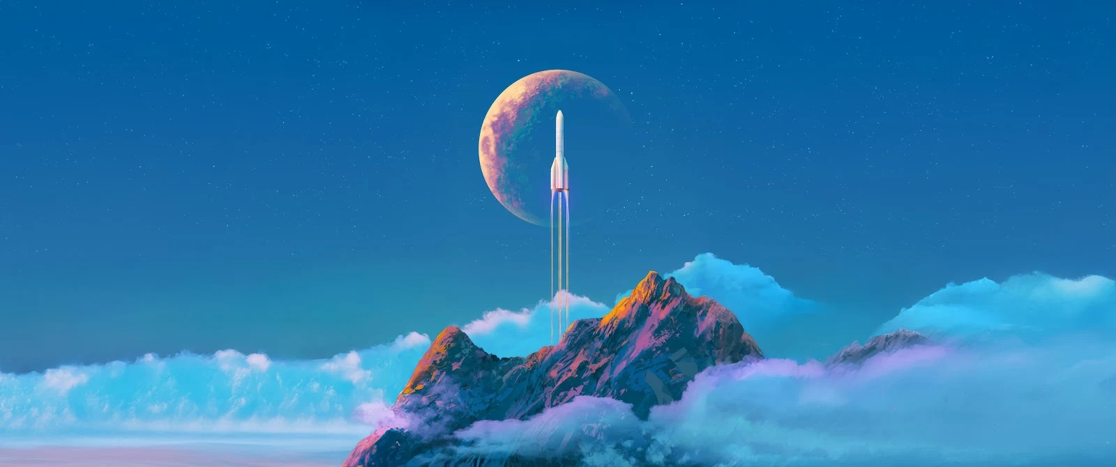 Rocket Launch Over Colorful Mountains - Sci-Fi Illustration 4K Wallpaper (5156x2160)