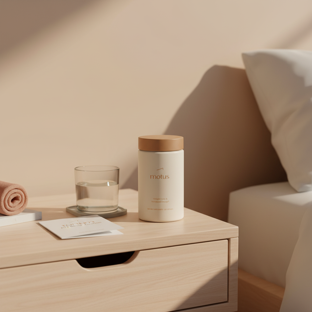 Motus bottle on a bedside table beside a glass of water and a folded fitness guide in a bright minimalist bedroom, showing multivitamin during weight loss