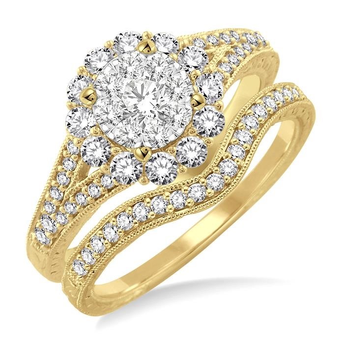 Round Shape Halo Lovebright Diamond Wedding Set 13402DHFVYW-WS