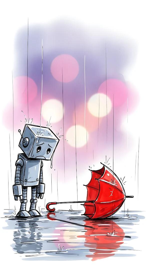 Sad Robot Standing in Rain Next to Broken Umbrella