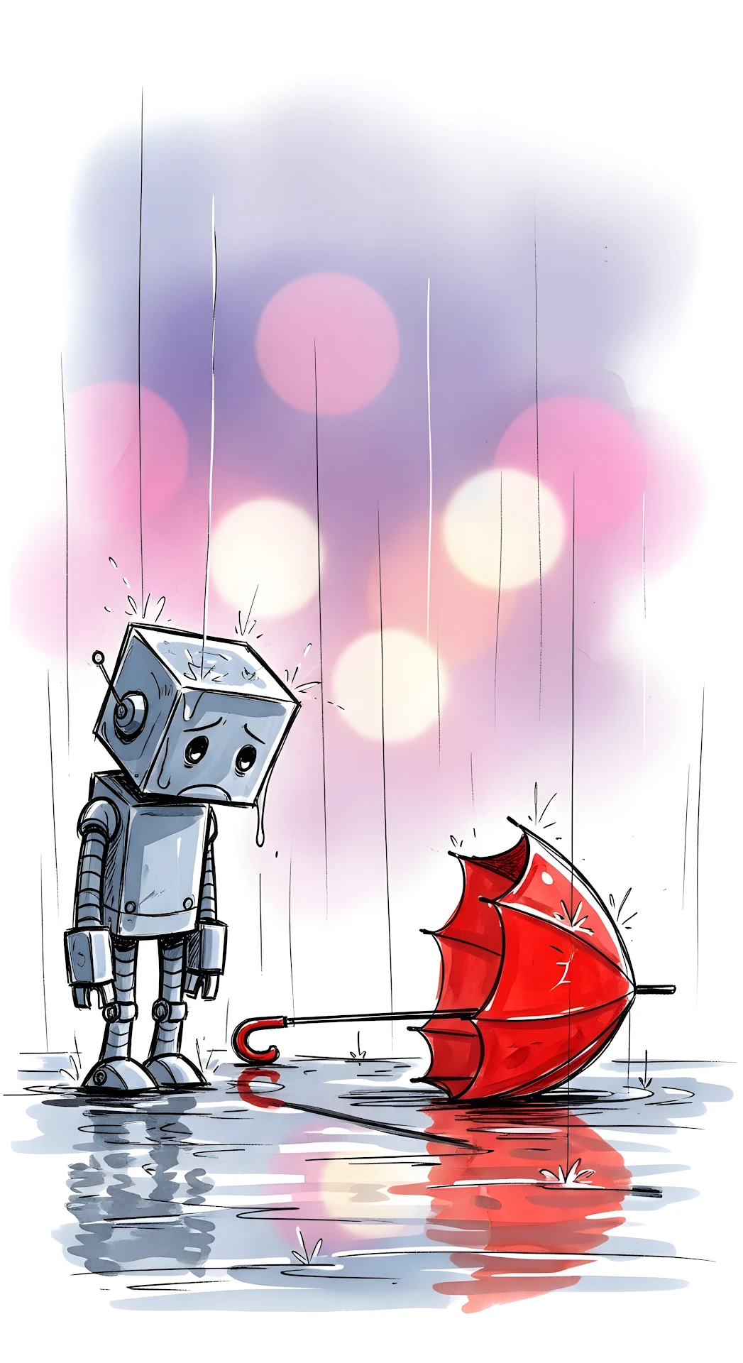Sad Robot Standing in Rain Next to Broken Umbrella - Free 4K mobile Wallpaper