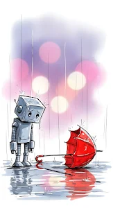 Sad Robot Standing in Rain Next to Broken Umbrella