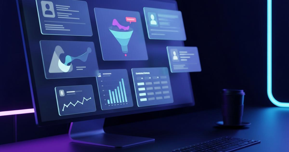 Interfață CRM cu carduri clienți și grafice de vânzări pe ecran de monitor