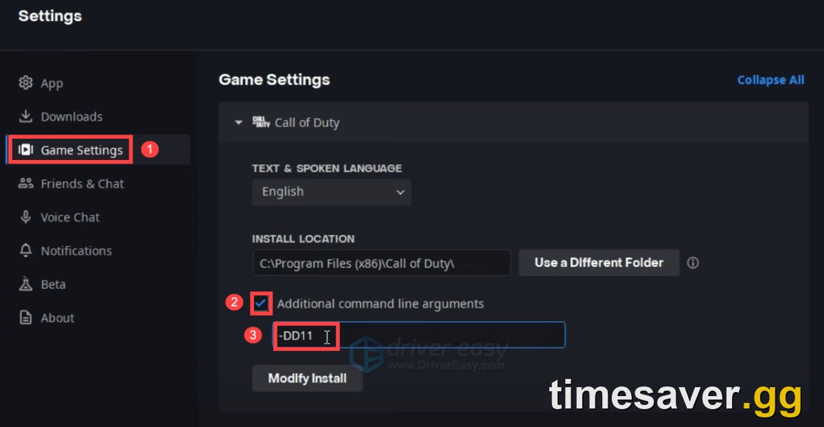 Battle.net Game Settings for Call of Duty showing the Additional command line arguments checkbox and text field where the DirectX 11 launch flag is entered