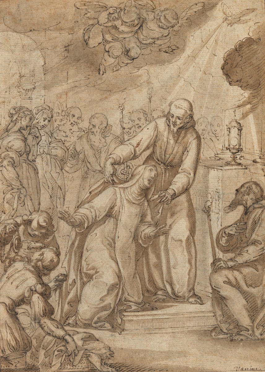 Saint Clare of Assisi having taken her vows is welcomed at the altar by Saint Fr