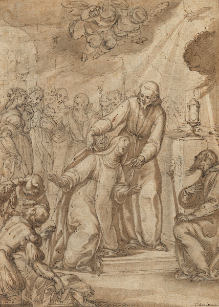 Saint Clare of Assisi having taken her vows is welcomed at the altar by Saint Fr