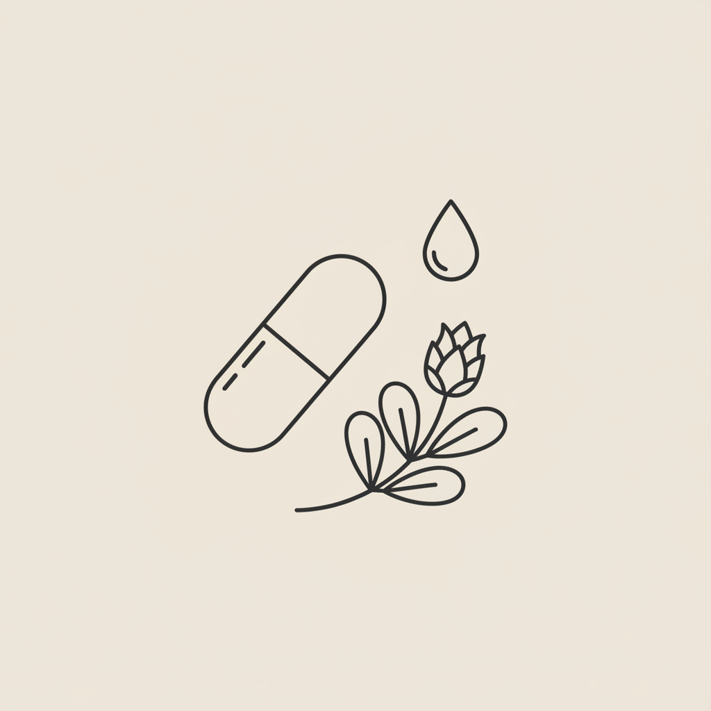 Minimalist line-art vector of a capsule, milk thistle sprig, and water droplet on beige background for natural Ozempic pill article