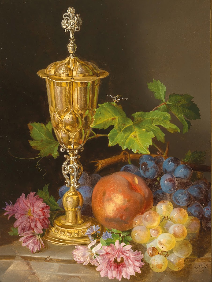 Still Life with Covered Goblet Grapes Apples and Asters 1849