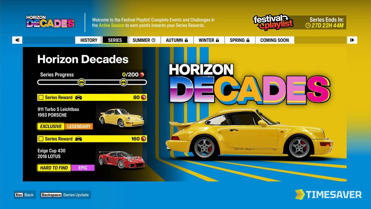 Forza Horizon 6 Series 2 Horizon Decades series rewards screen showing reward cars and Festival Playlist points