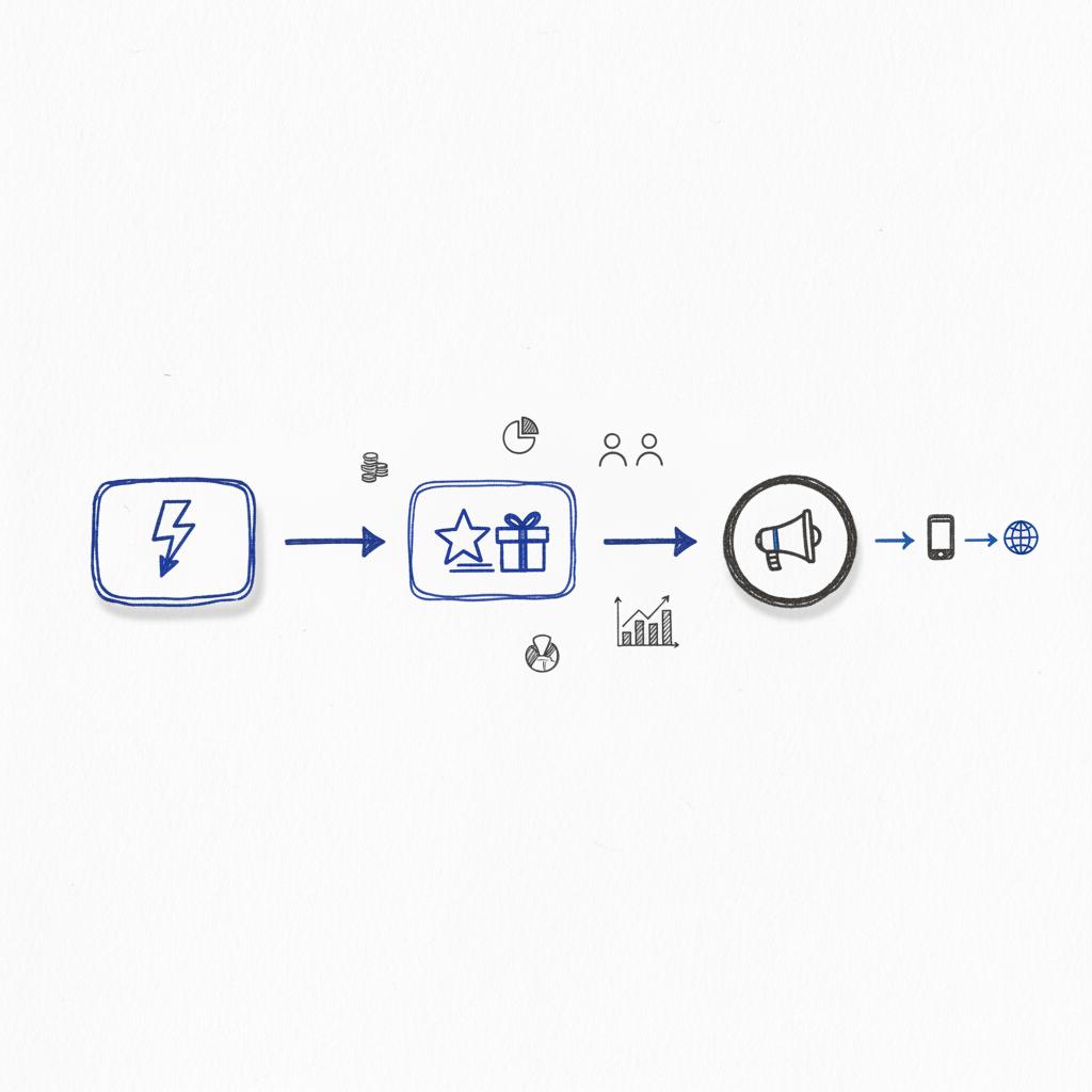 Notebook-style close-up sketch of a simple icon-based flowchart (lightning bolt → star → megaphone) with a phone icon pointing to a website globe, white background and blue accents &mdash; TikTok for small businesses