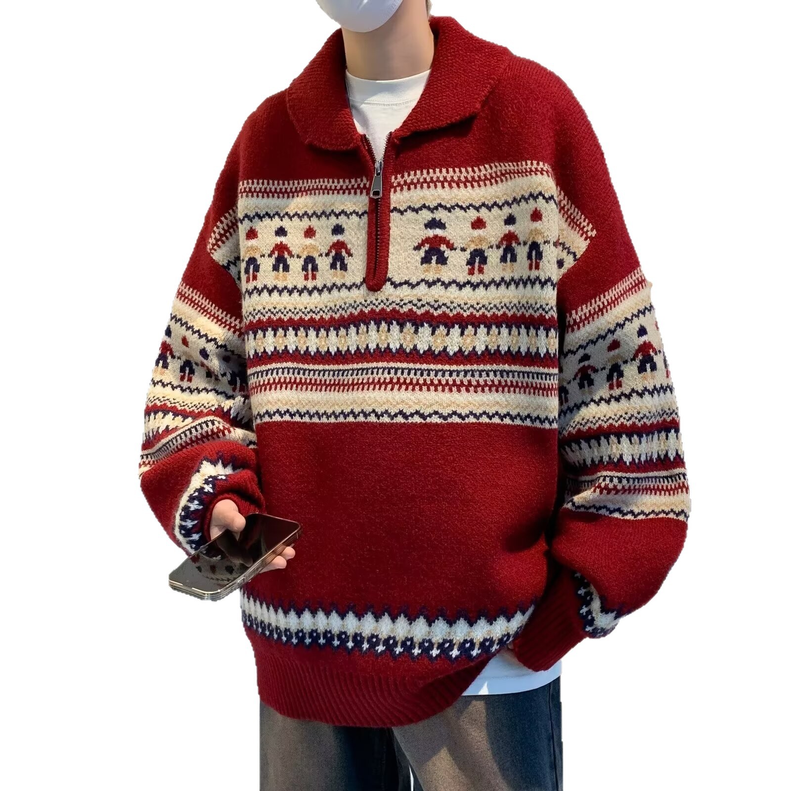 Men's knitted sweater, polo collar, half zipper